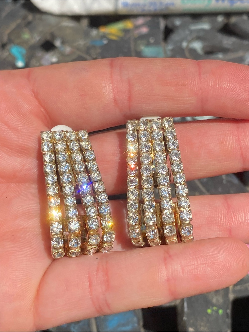 Fabulous vintage gold-tone multi-row rhinestone clip-on earrings